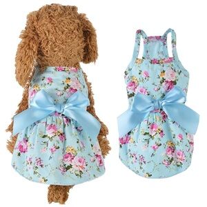 Blue Floral Halter Ribbon Bow Dog Pet Party Fancy Dress Size Large